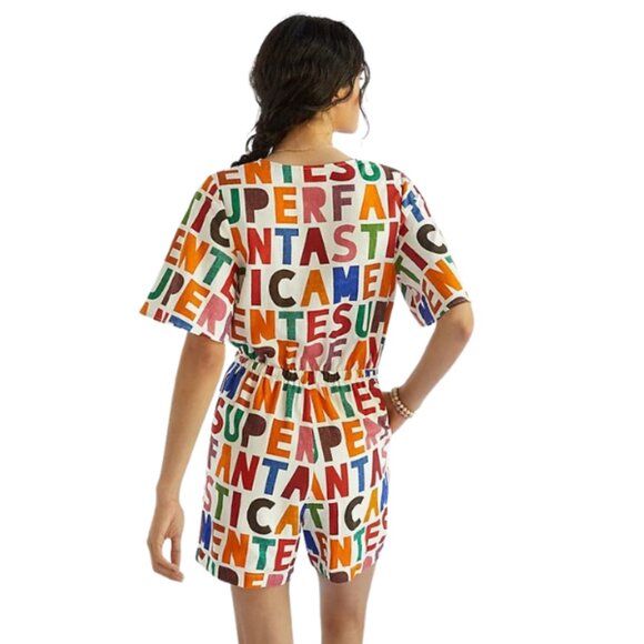 FARM RIO Cream linen letter print romper | Playful summer vibe | Small - Picture 2 of 9